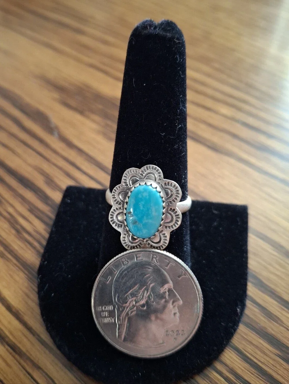 Turquoise Natural Stone With Sterling Silver Frame And Band Size 8
